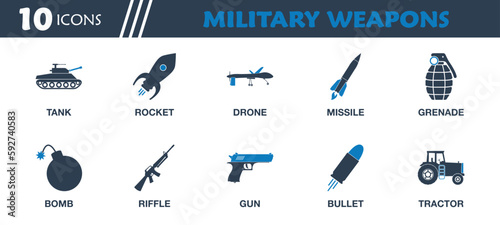 Military Weapon Icon Set. Collection of War Tank, Rocket, Drone, Missile, Grenade, Bomb, Gun, Bullet and More Icons. Editable Flat Vector Illustration.