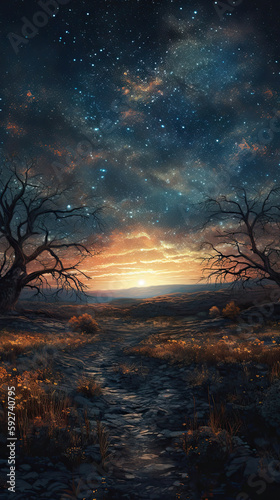 Starry Nightfall: Digital Illustration of a Celestial Landscape at Dusk