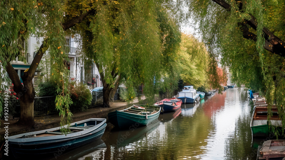 Little Venice with a willow tree and boats in a narrow canal