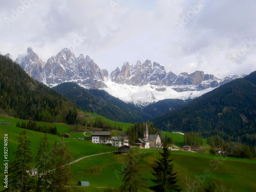 Mountainous landscape and view of a small village in South Tyrol  Italy