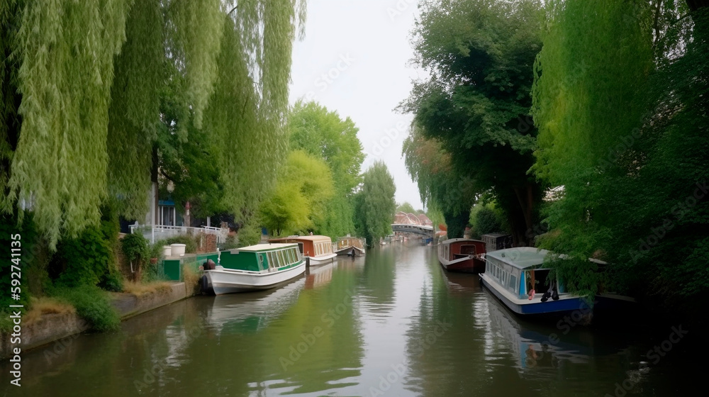 Naklejka premium Little Venice with a willow tree and boats in a narrow canal