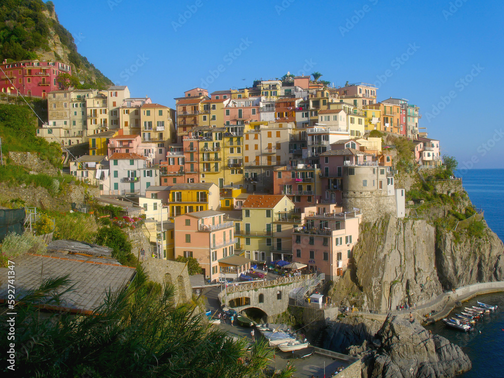 Old colorful town of manarola at sunset, Cinque Terre, Liguria, Italy