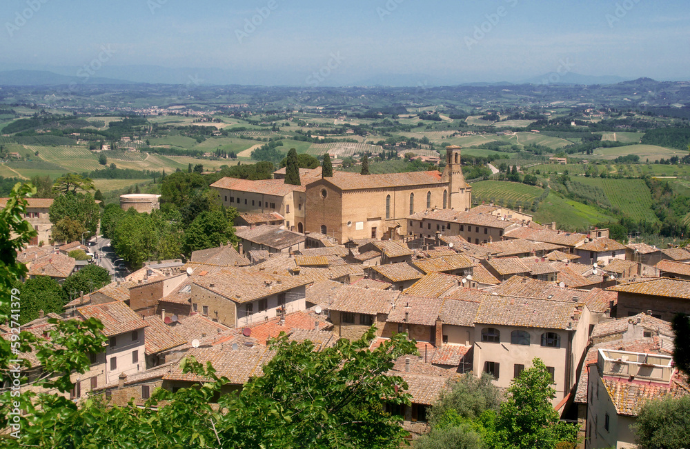 Old medieval town, church and countryside of San Gimignano, Tuscany, Italy