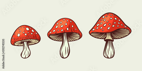 Vector Hand Drawn Red Cartoon Mushroom With Outline Icon Set Isolated. Amanita Muscaria, Fly Agaric Scetch, Doodle, Linear Sign Collection. Magic Mushroom Symbol, Design Template. Vector illustration