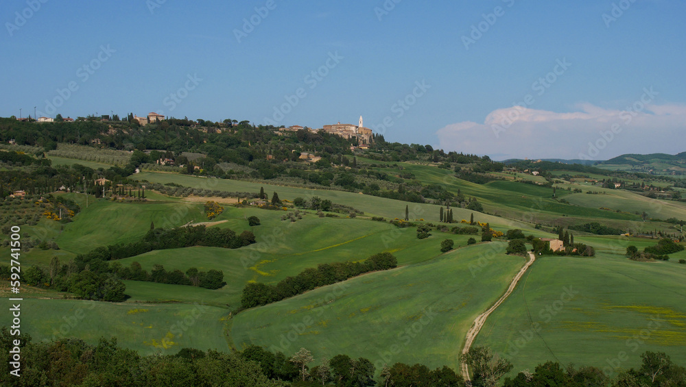Picturesque hilly landscape overlooking Pienza, Tuscany, Italy
