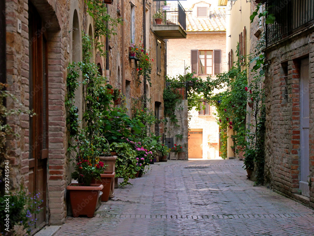 Old town street in Pienza, Tuscany, Italy