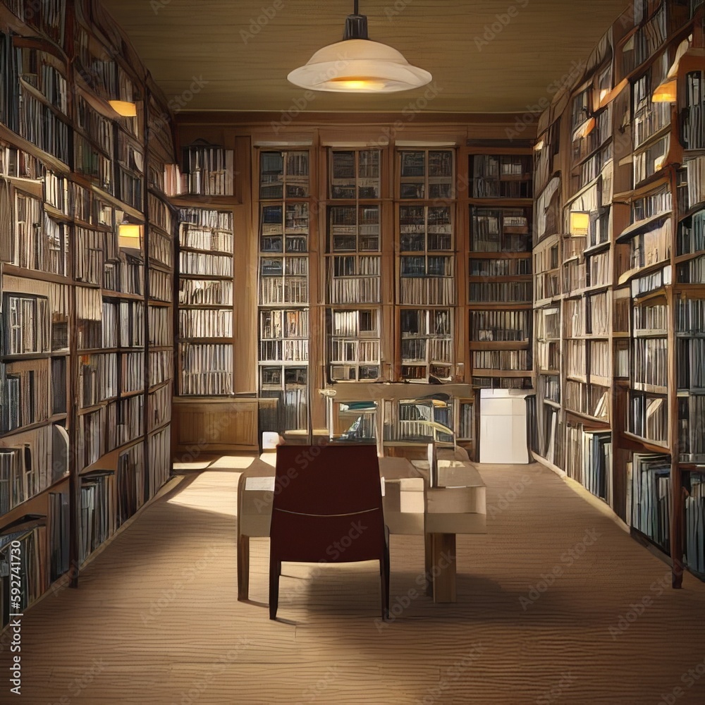 Bookshelves in empty library generated by AI Bookshelves in empty library generated by AI