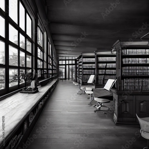 Bookshelves in empty library generated by AI photo