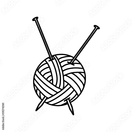 Yarn and knitting needles in hand drawn doodle style. Vector illustration isolated on white. Coloring page.