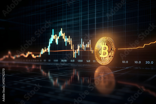 Bitcoin cryptocurrency, financial market analysis charts, blockchain cyber protection and digital security, generative ai photo