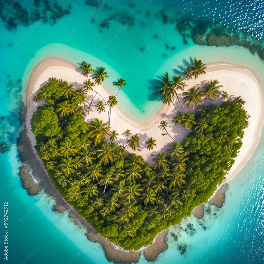Tropical Island in the Shape of a Love Heart, hidden beach in the