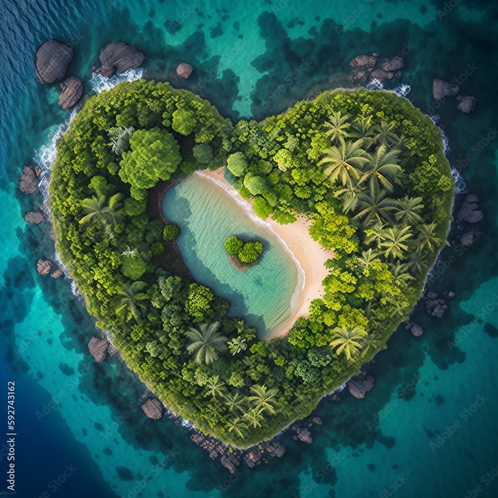 Tropical Island in the Shape of a Love Heart, hidden beach in the