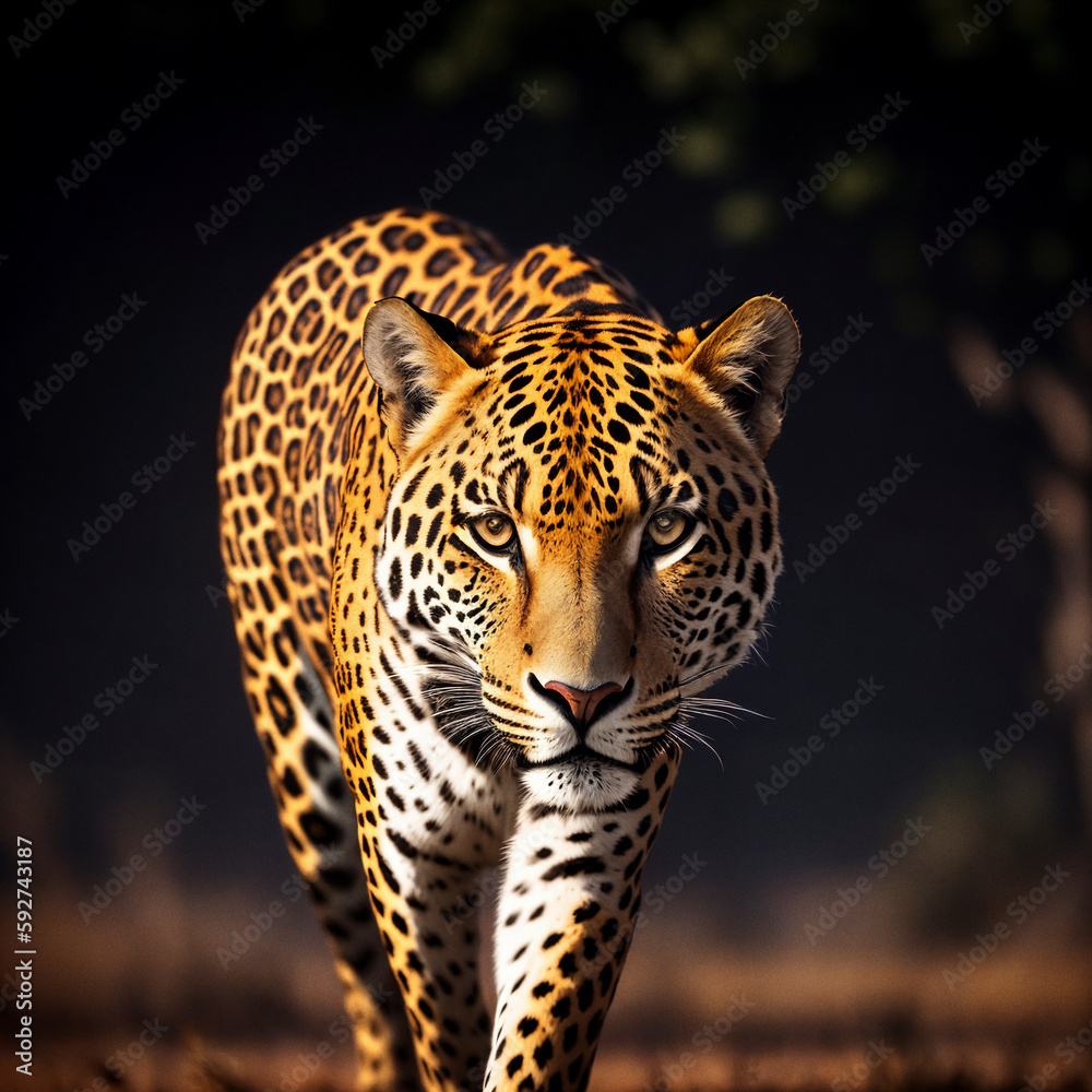 Obraz premium It depicts a scene of a majestic jaguar in the light of a golden sunset, staring with a piercing gaze. Digital art.