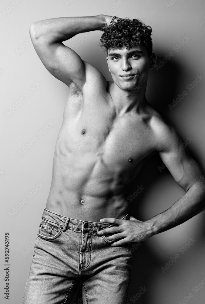 Fototapeta premium man jeans beautiful young attractive healthy beauty black strength naked sport athletic fit