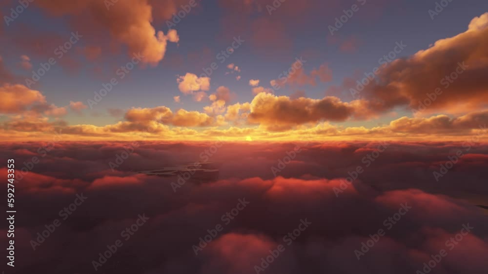 Front Aerial View at Sunrise Flying Over Clouds in a Big City Front Aerial View at Sunrise Flying Over Clouds in a Big City