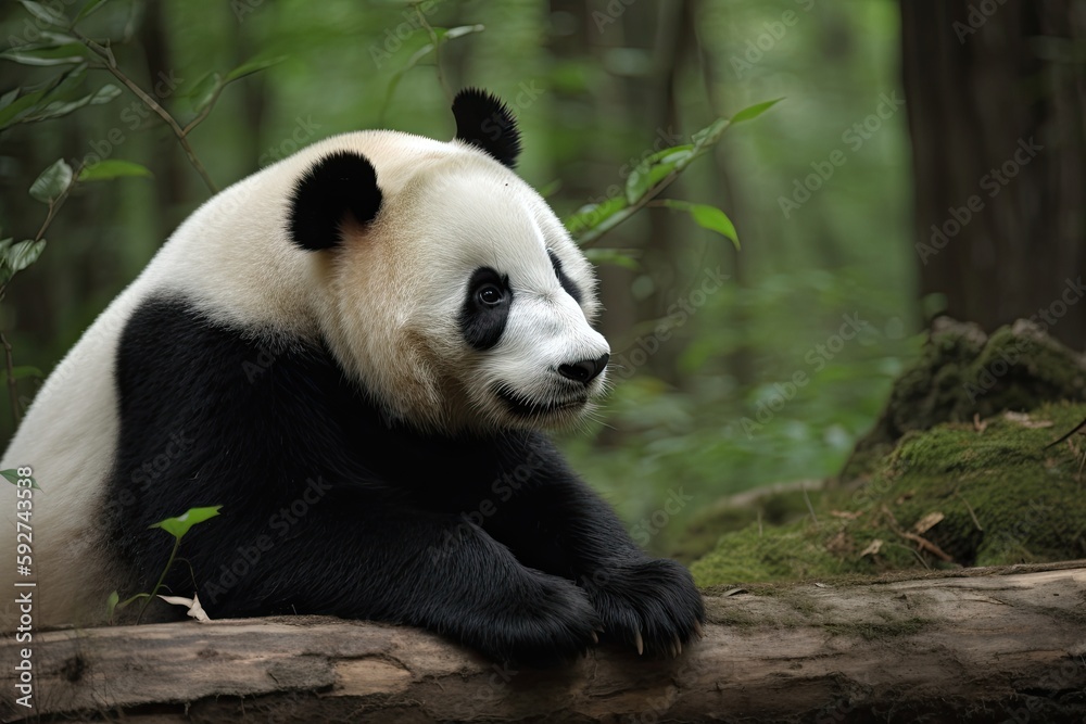 Cute Giant Panda Bear Roaming through a Bamboo Chinese Forest in the Wilds of Asia: Generative AI