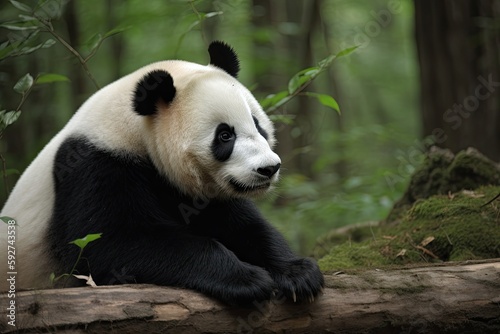 Cute Giant Panda Bear Roaming through a Bamboo Chinese Forest in the Wilds of Asia: Generative AI © AIGen