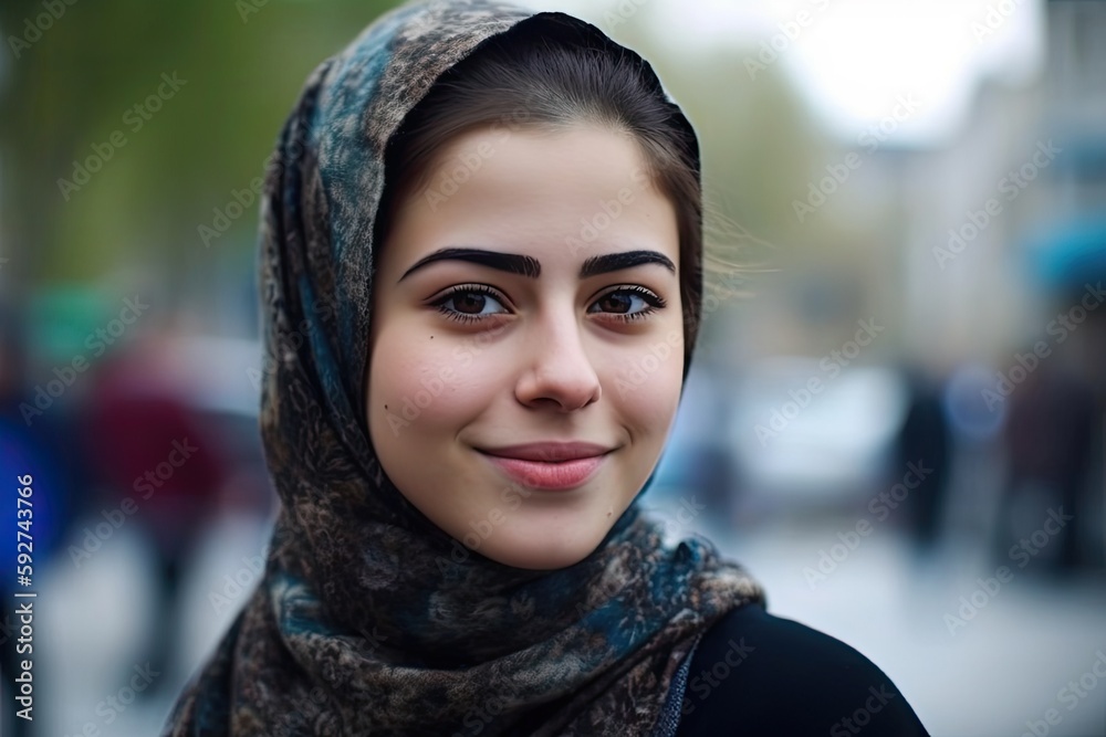 Smiling beautiful middle eastern young woman wearing a hijab looking at the camera. Generative AI Smiling beautiful middle eastern young woman wearing a hijab looking at the camera. Generative AI