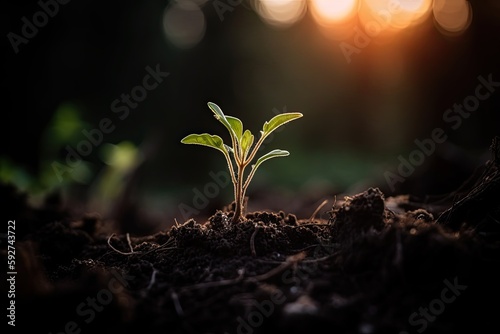 Witnessing the Hope of New Beginnings: A Germinating Plant Growing in Nature's Garden with Earthly Backdrop of Dawn Light. Generative AI © AIGen