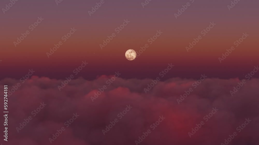 Front Aerial View at Sunset Flying Over the Clouds with the Full Moon in the Background Front Aerial View at Sunset Flying Over the Clouds with the Full Moon in the Background