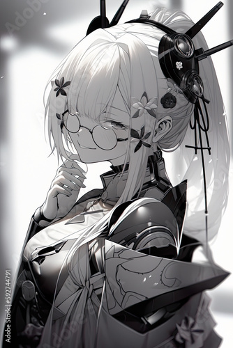 A cute anime-style virtual idol, vtuber, or digital character with a futuristic look, AI generative black white image