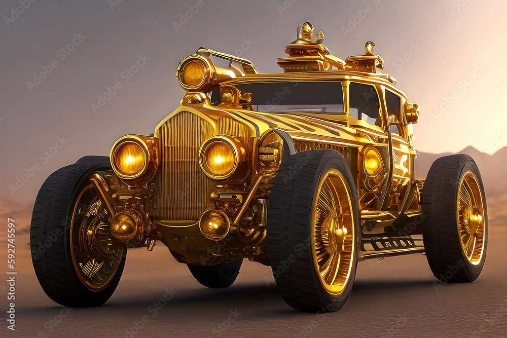 Retro gold car fantastic design in steampunk style with golden mechanical parts details. Generative Ai.