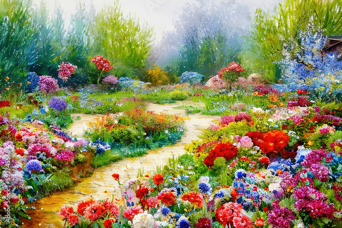 Fototapeta Naklejka Na Ścianę i Meble -  Watercolor flowers landscape background, abstract flowers made from watercolor paint splashes summer landscape, impressionism style illustration. Generative AI.