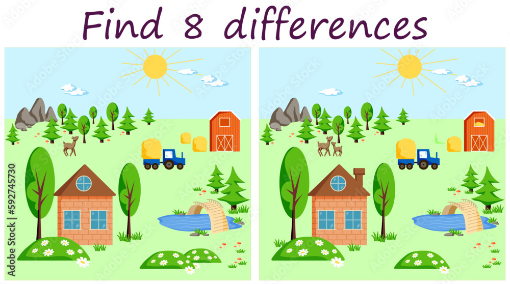 Logic puzzle game. Find 8 differences in landscape themed pictures with house, trees, deer, mountain, tractor, blue sky, sun. Vector illustration for children's development.