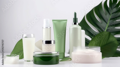 modern minimalist corporate identity, product packaging mockups for a natural cosmetics business in green tones background. Illustration, Generative AI