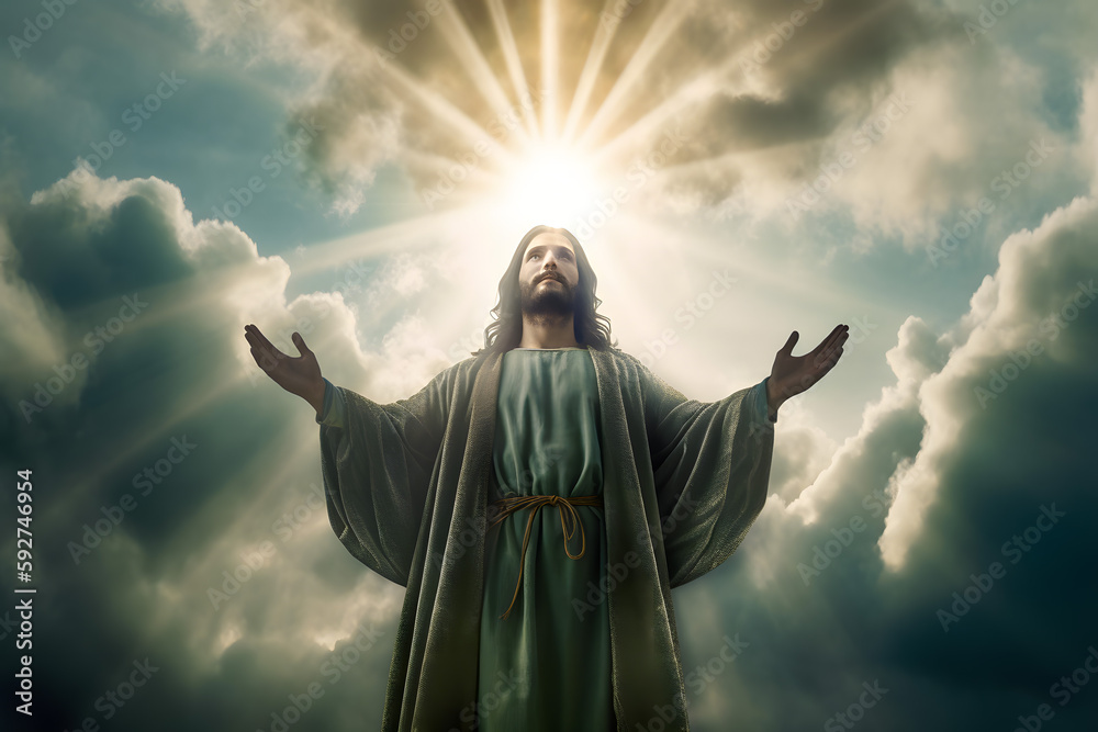 Jesus with raised hands appeared from the clouds and the sky with divine rays, risen coming. Generative AI. Jesus with raised hands appeared from the clouds and the sky with divine rays, risen coming. Generative AI.