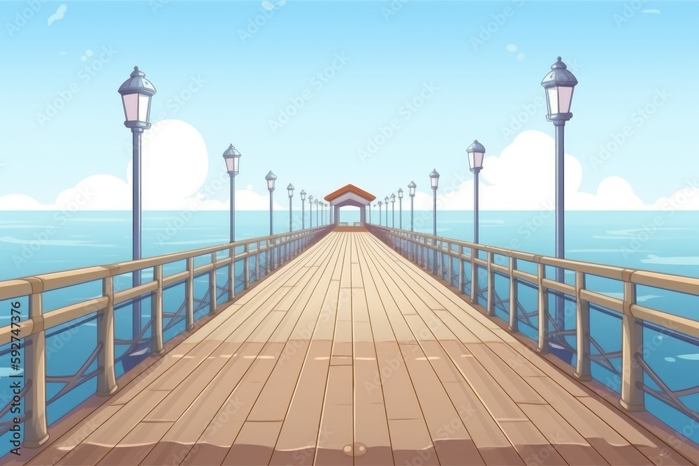 imagine a pier in the distant with a hazy blue sky from a high angle. Generative AI