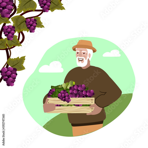Man holding a wooden box with grape