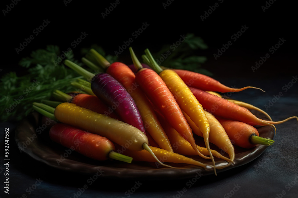 A pile of fresh carrots with green leaves on a plate. Dark background. Harvest still life. Generative AI A pile of fresh carrots with green leaves on a plate. Dark background. Harvest still life. Generative AI