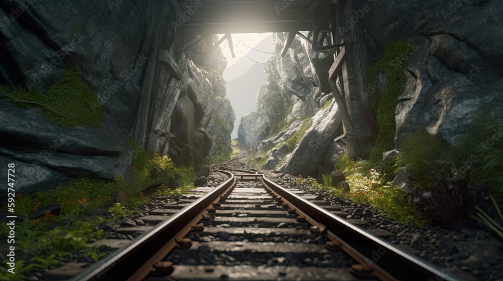 Naklejka premium Old abandoned rail tunnel, AI generative industrial object, landscape with grenery