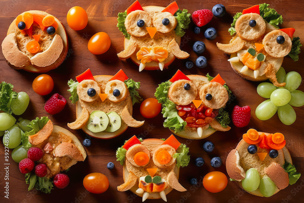 Owl style food art lunch for kids with fresh colorful incridience, generative AI
