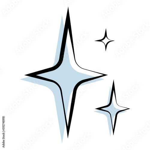 Vector icon of black and white stars with blue shadow; The editable minimalist SVG illustration of sparks without background