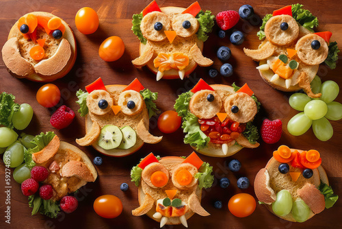 Owl style food art lunch for kids with fresh colorful incridience, generative AI