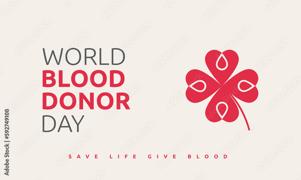 World Blood Donor Day banner. Red clover petal made from hearts with blood drops. Save a life donate blood. Vector illustration for blood donation day 14 June