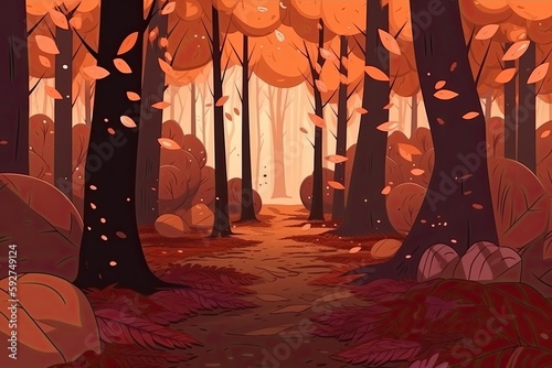 Beautiful scene of a road in a woodland with a lot of colorful fall trees. Generative AI