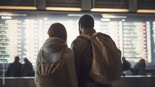 young couple looking at travel or flight departure board, generative ai