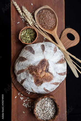 Handmade sourdough bread. round bread on a wooden board.