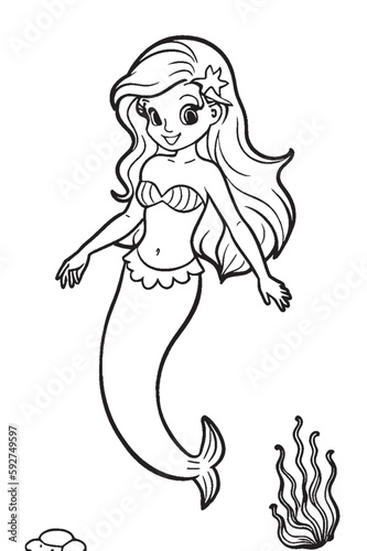 Coloring page of cute mermaid on white background