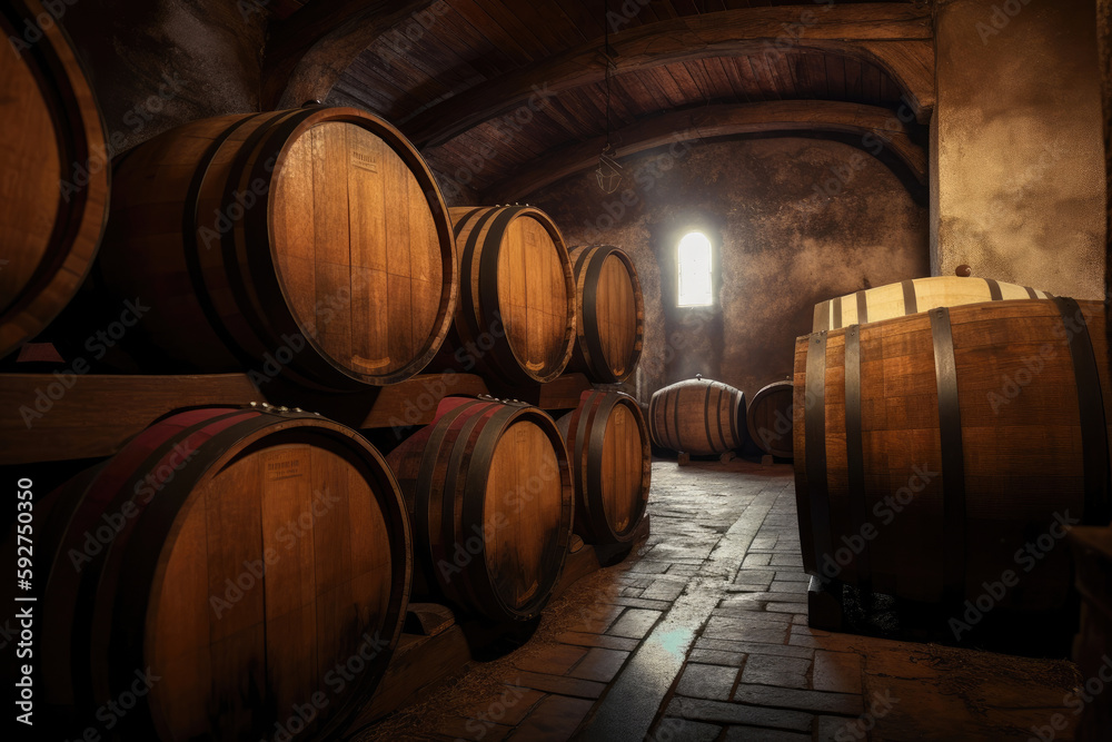 Wine or cognac barrels in the cellar of the winery. Generative AI