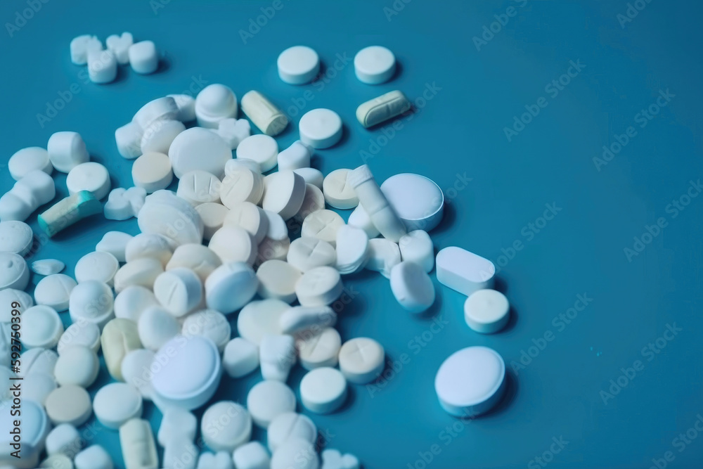 Various white pills macro on blue background, top view. Generative AI