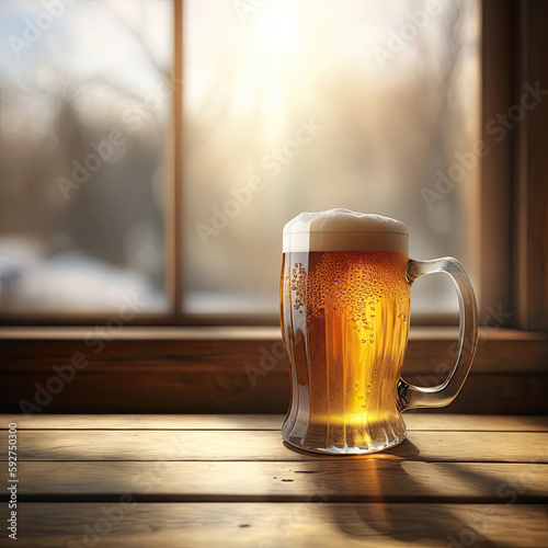 Mug of beer standing on the wooden table near the window, Generative AI