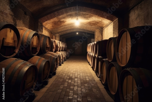 Rows of alcohol barrels in a warehouse of a factory for the production of cognac, whiskey, wine, brandy. Barrel Alcohol. Generative AI