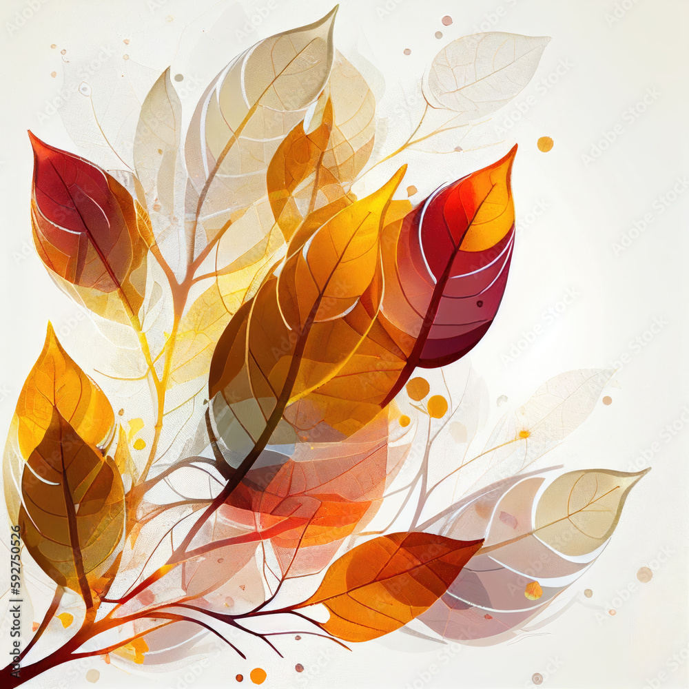 Branch with transparent autumn leaves, white background, Generative AI