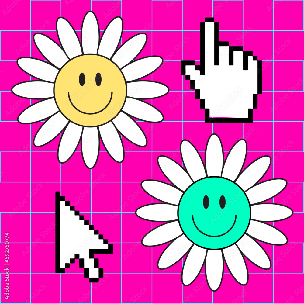 y2k aesthetic patterns with smiley face flowers and cursors pink grid ...