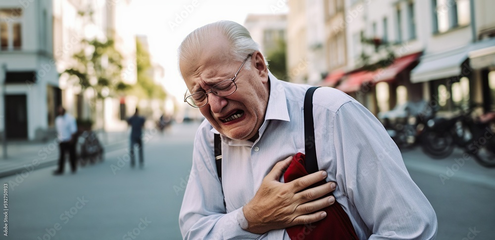 Distressed Senior Experiencing a heart attack in a street Distressed Senior Experiencing a heart attack in a street