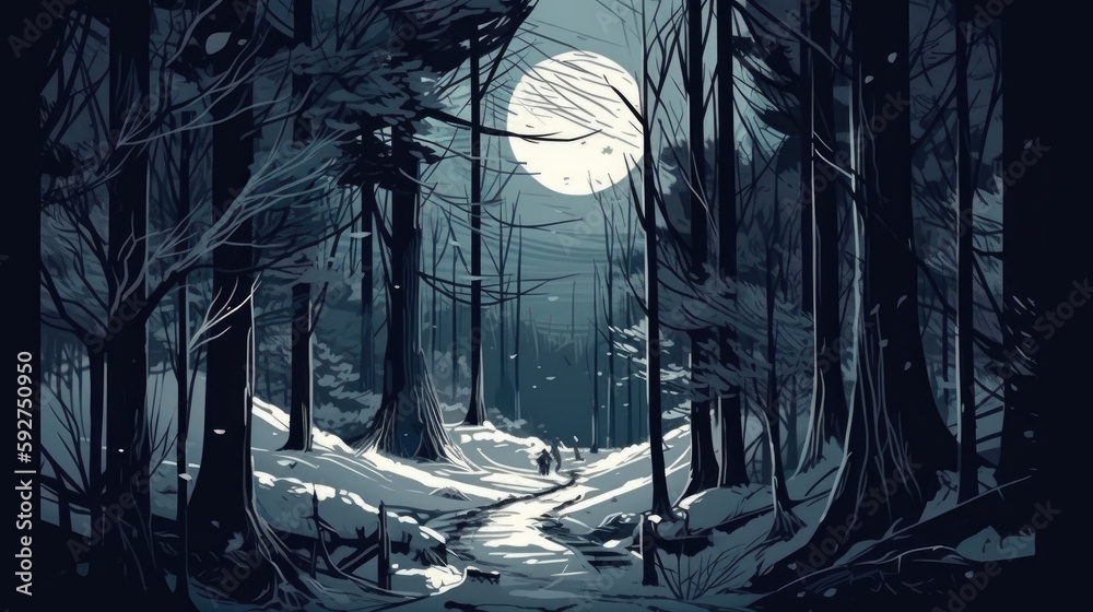 Full moon over winter deep forest covered with snow on winter night. Generative AI